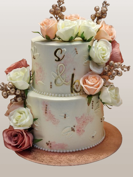 2 Tiered Buttercream Wedding Cake With Silk Flowers CB-NC707