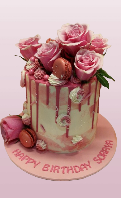 All Pink Buttercream Cake with Macarons & Roses CB-NC687