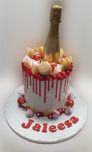 Red &Gold Themed Macarons Topped Birthday CakeCB-NC415