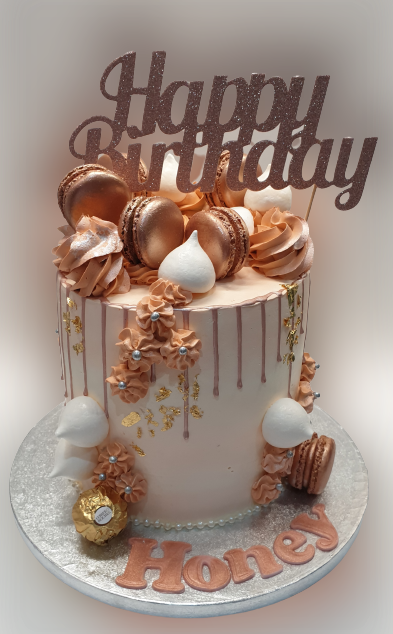Rose Gold Themed Macarons Topped Fresh Cream Cake CB-RC127