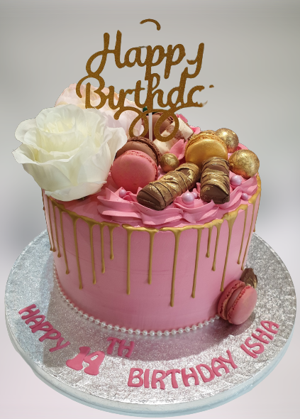 Gold Drip Fresh Cream Cake with Chocolates & Macarons CB-RC131