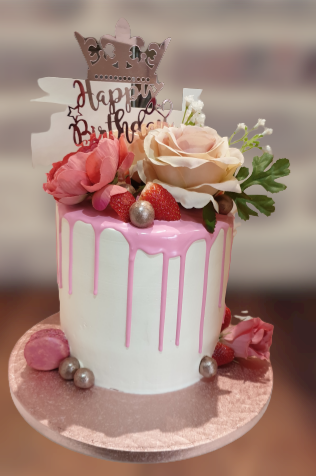 Pink Drip Fresh Cream Cake With Silk Flowers CB-RC148