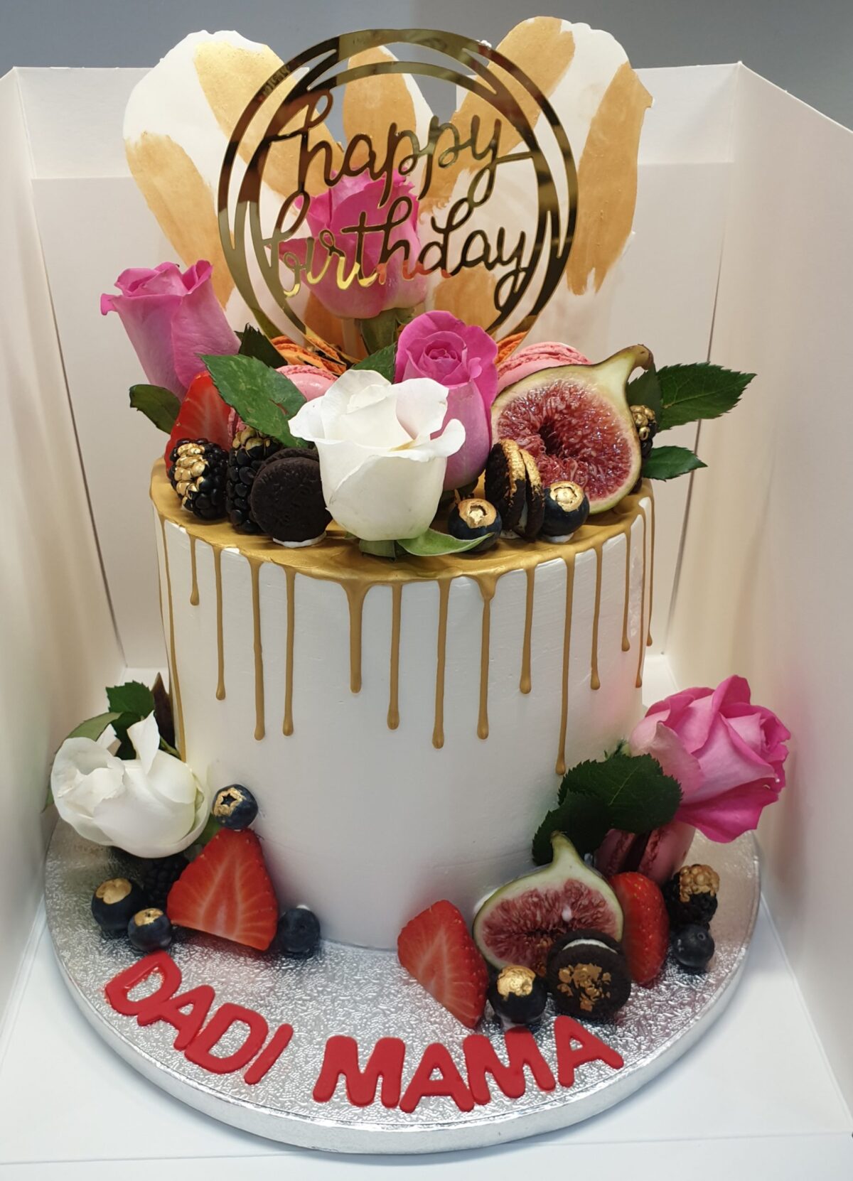 Gold Drip Fruits And Flowers Topped Fresh Cream cake CB-RC162