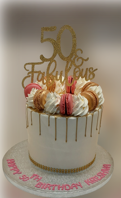 Pink & Gold Macaron Topped Fresh Cream Cake CB-RC155