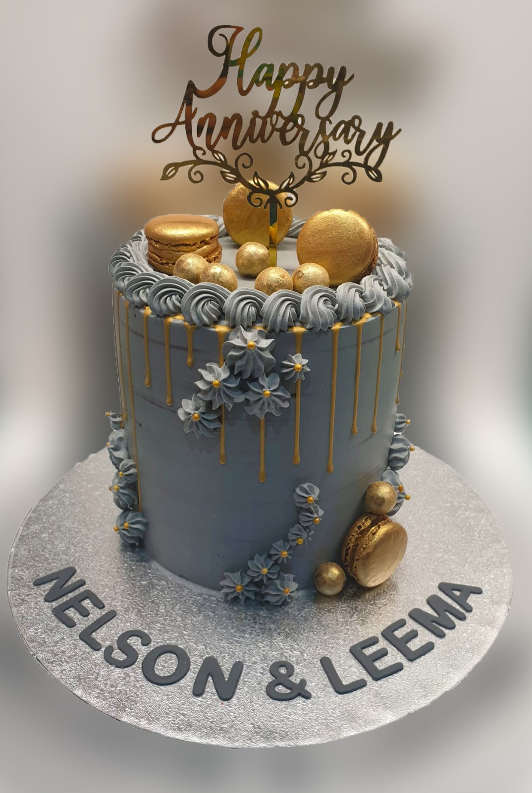 Grey & Gold Macarons Topped Fresh Cream Cake CB-RC141